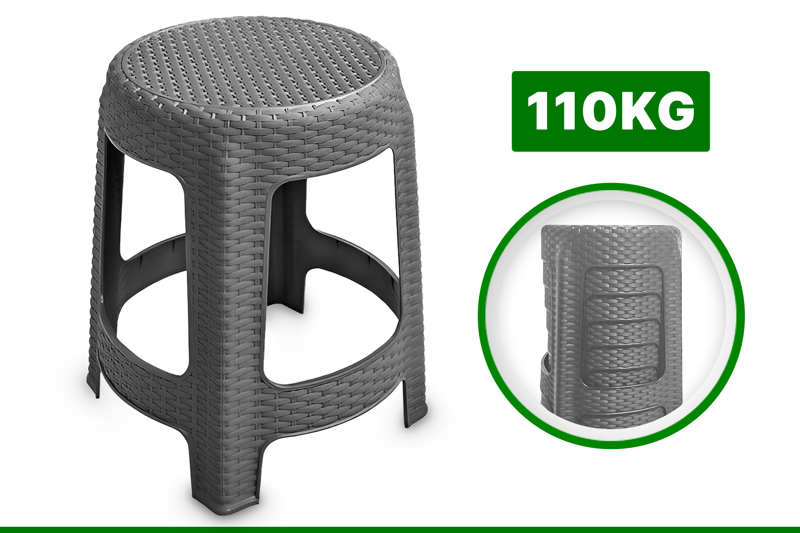 Banqueta Banquinho Plástico Rattan Premium Cinza Preto Lazer 110KG