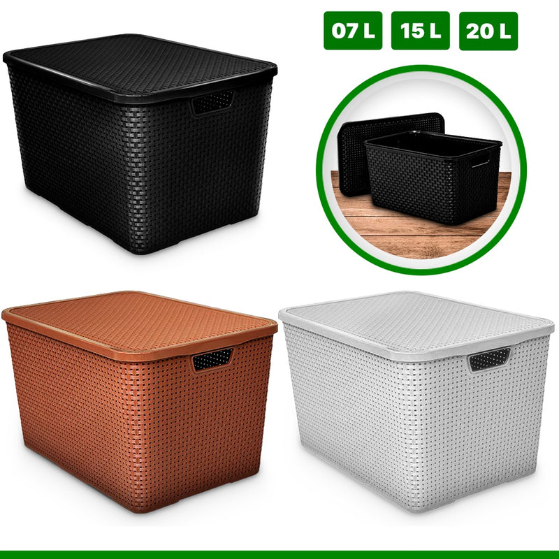 Caixa Organizadora Cesto Rattan Preto Branco Marrom 7L 15L 20L Com Tampa