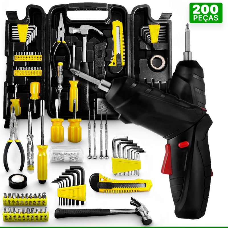 KIT PARAFUSADEIRA 4,8V SNEL + KIT FERRAMENTAS DE 200 PEÇAS